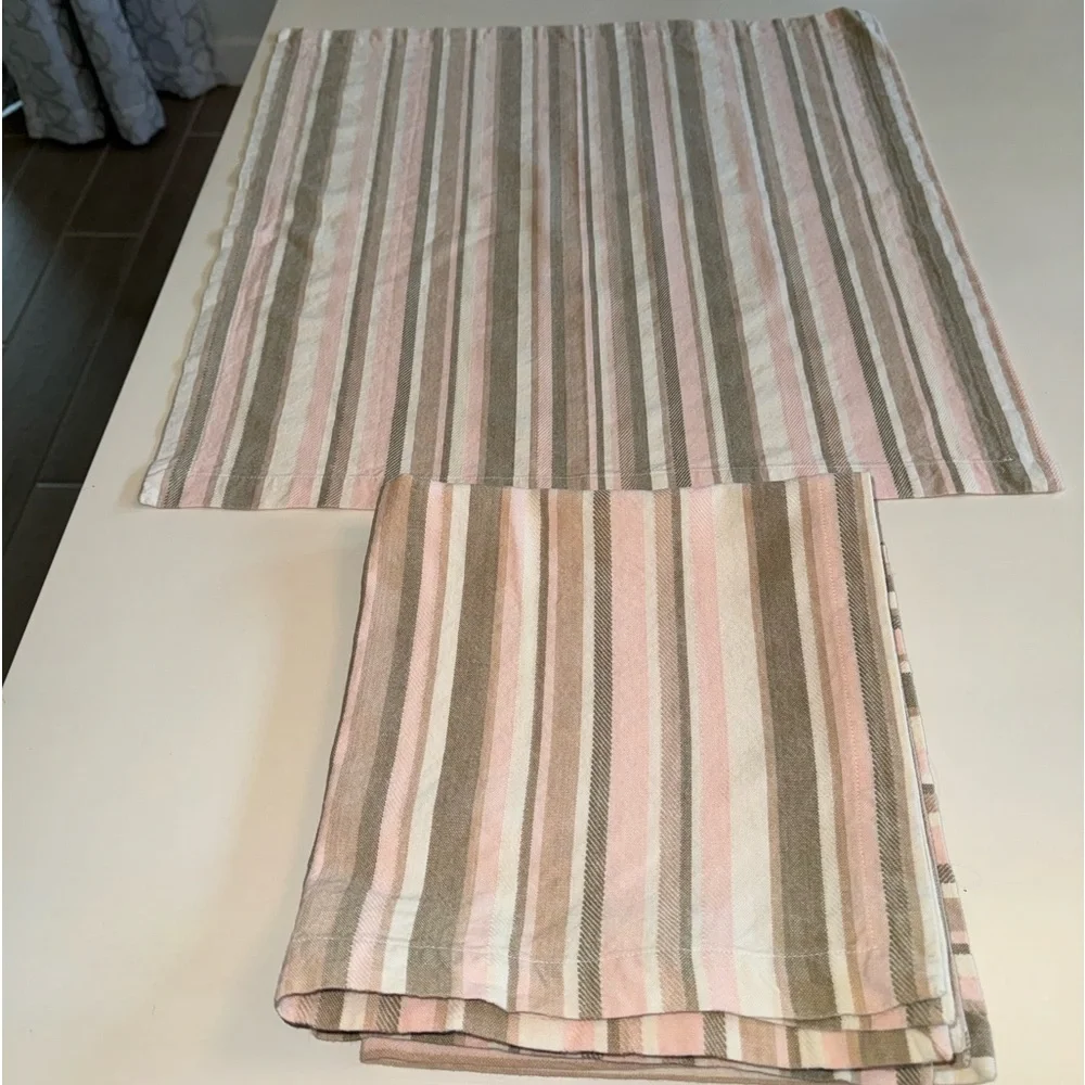 West Elm linen Pink/Taupe/White striped napkins or place settings.